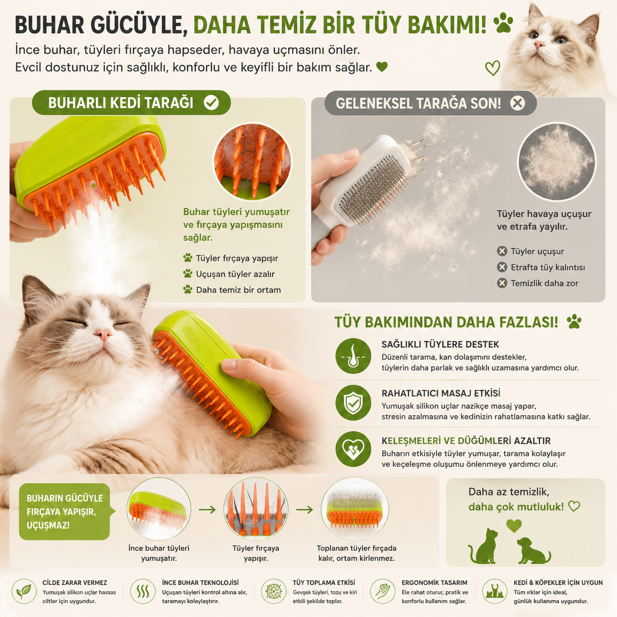 Buharlı Evcil Hayvan Tarağı – Su Hazneli Masaj ve Tüy Toplama Fırçası | Kedi & Köpek Bakım Tarağı