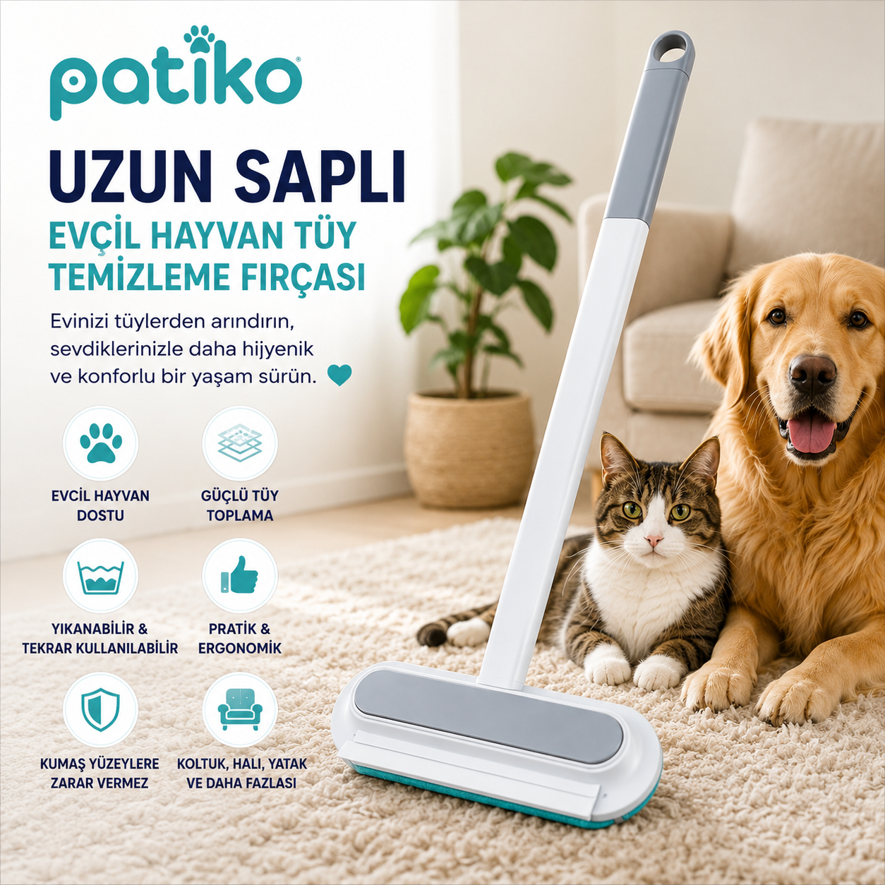 Patiko Uzun Saplı Evcil Hayvan Tüy Temizleme Fırçası