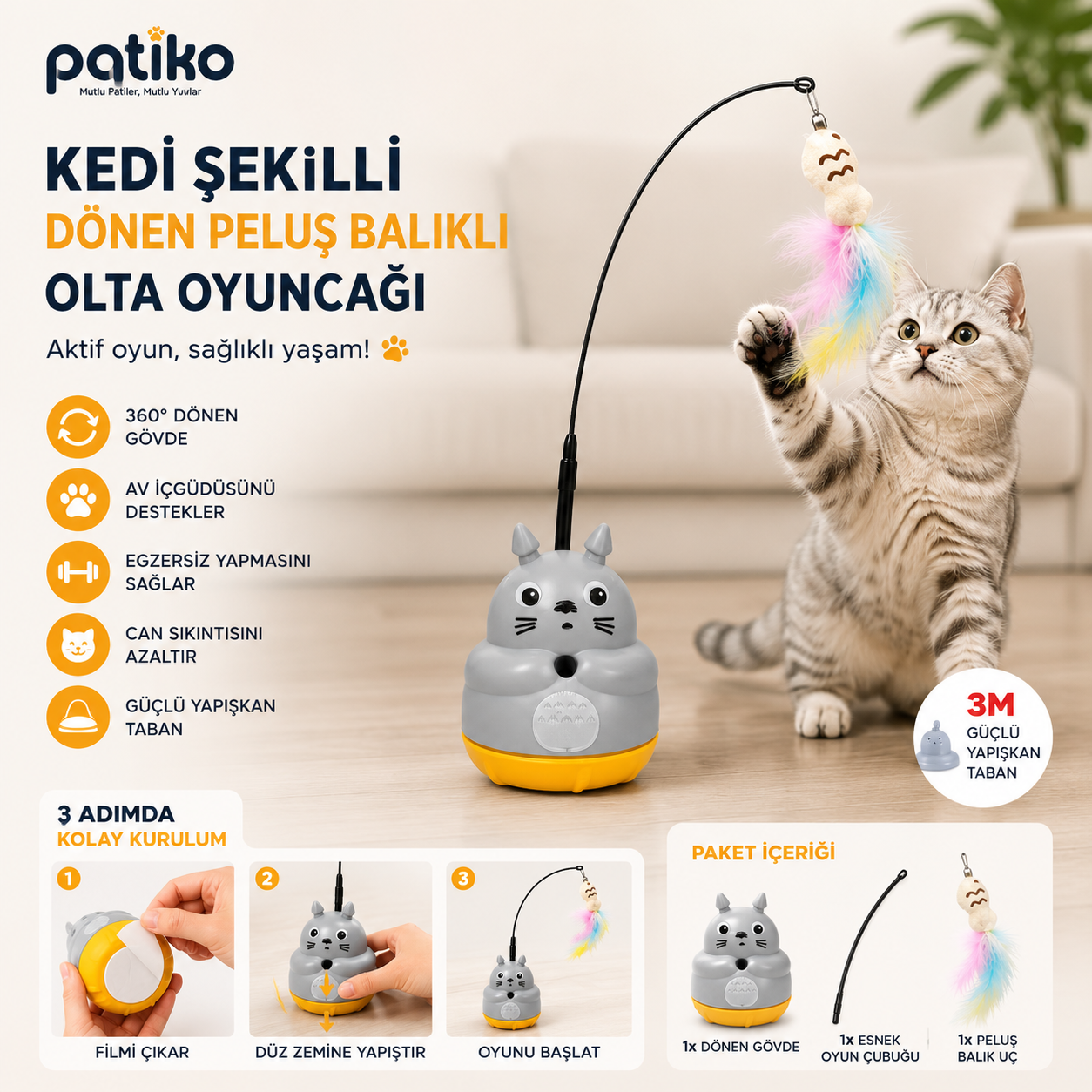 Patiko® Yapışkan Tabanlı İnteraktif Kedi Oyuncağı – 360° Dönen Peluş Balıklı Olta Oyuncağı