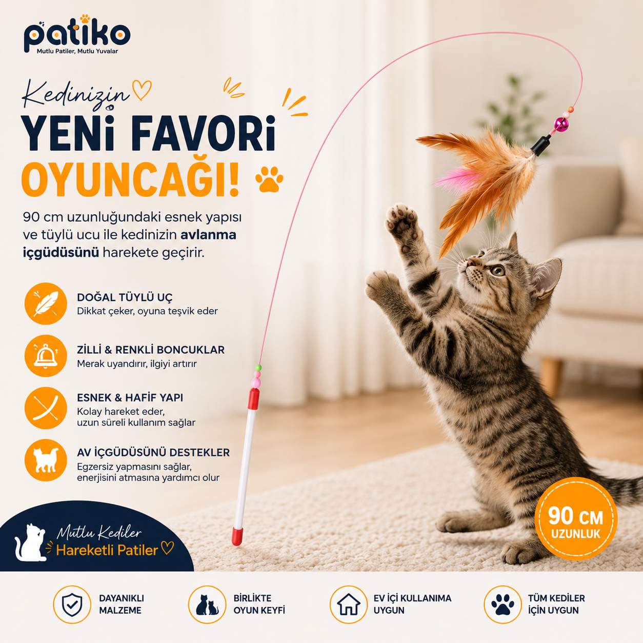 Patiko® 90 CM İnteraktif Kedi Oyun Oltası | Tüylü Zilli Av Oyuncağı