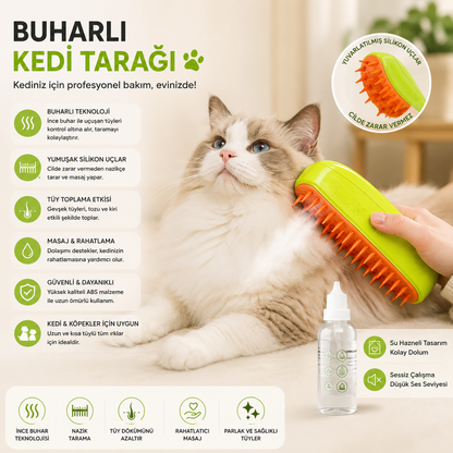 Buharlı Evcil Hayvan Tarağı – Su Hazneli Masaj ve Tüy Toplama Fırçası | Kedi & Köpek Bakım Tarağı