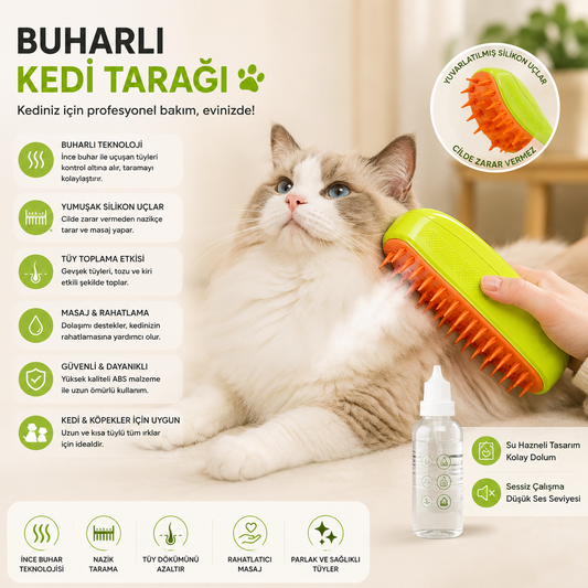 Buharlı Evcil Hayvan Tarağı – Su Hazneli Masaj ve Tüy Toplama Fırçası | Kedi & Köpek Bakım Tarağı