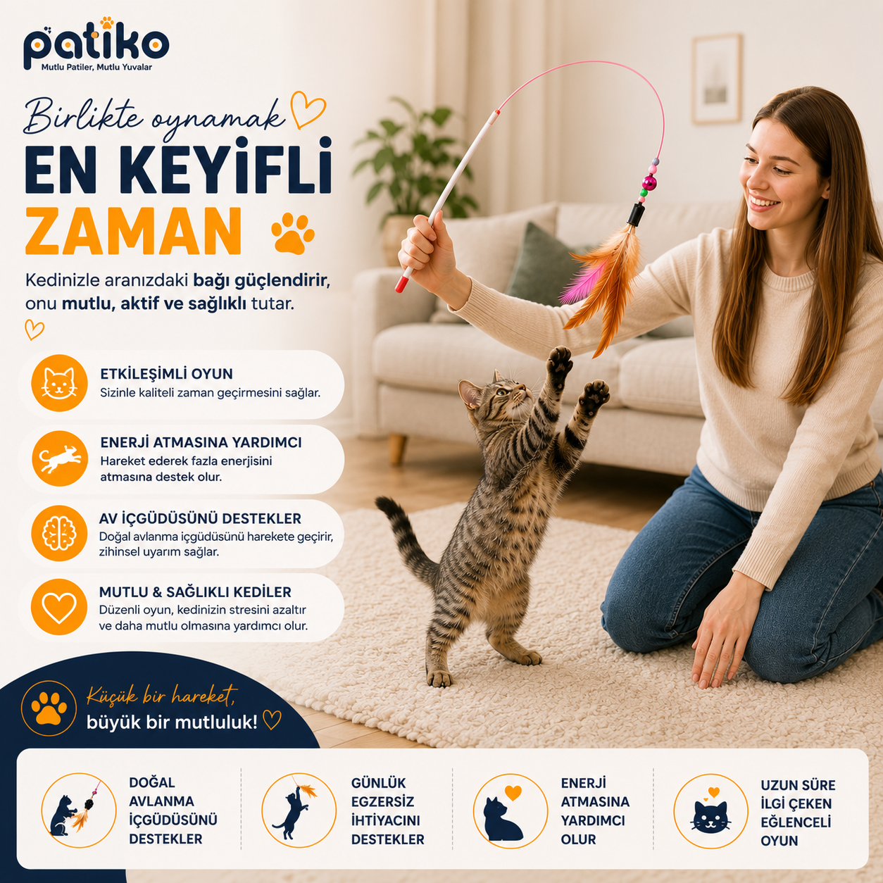 Patiko® 90 CM İnteraktif Kedi Oyun Oltası | Tüylü Zilli Av Oyuncağı