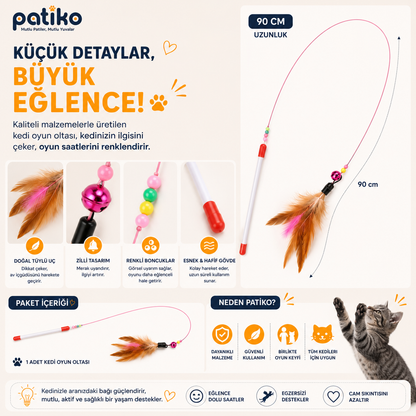 Patiko® 90 CM İnteraktif Kedi Oyun Oltası | Tüylü Zilli Av Oyuncağı