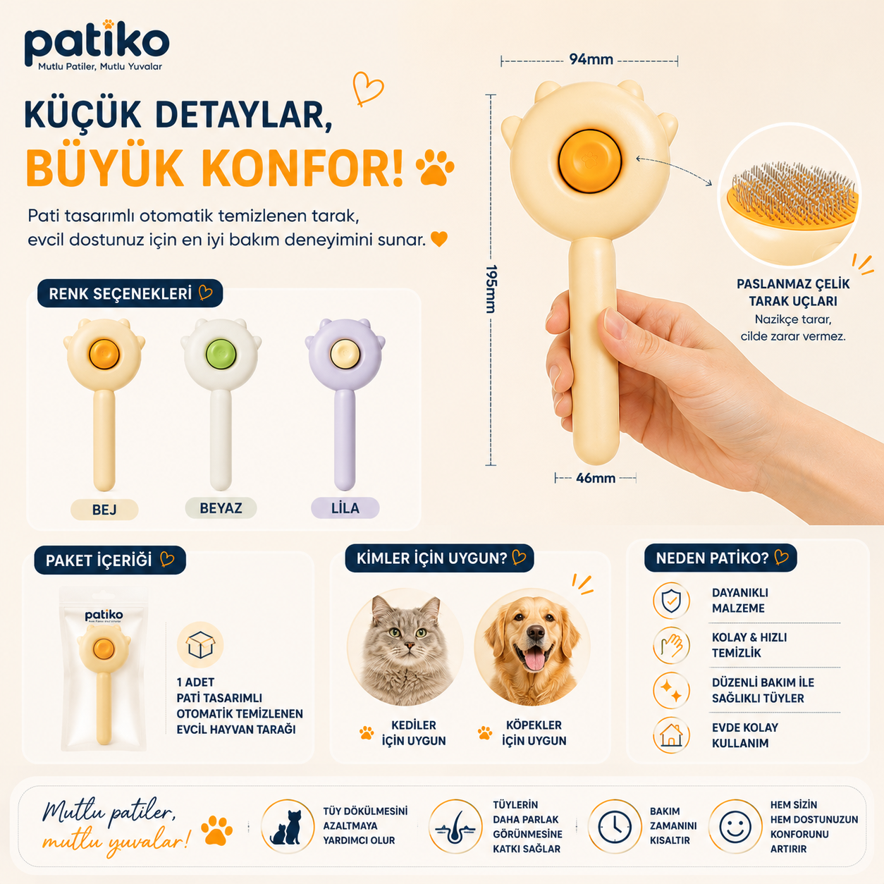 Pati Tasarımlı Otomatik Temizlenen Evcil Hayvan Tarağı