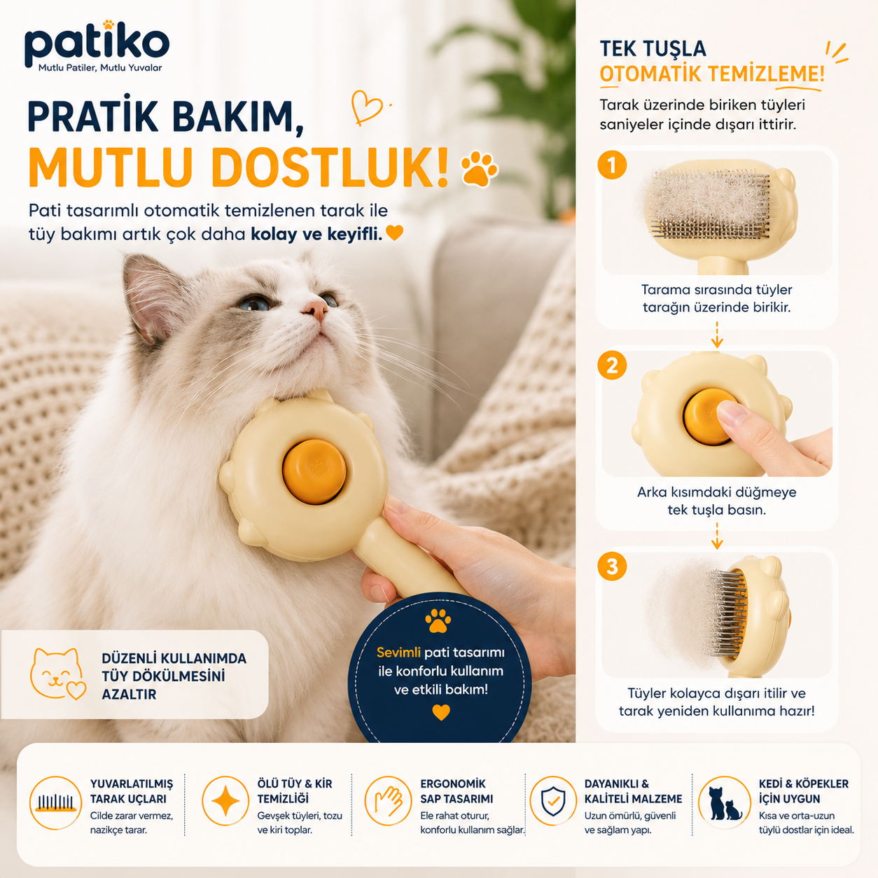 Pati Tasarımlı Otomatik Temizlenen Evcil Hayvan Tarağı