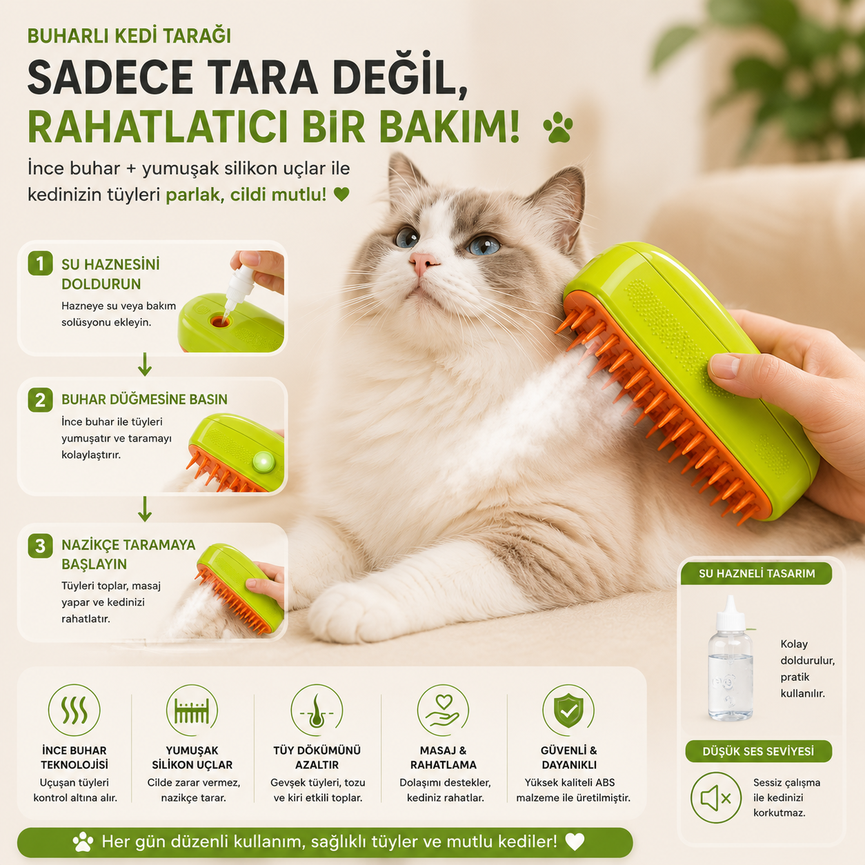 Buharlı Evcil Hayvan Tarağı – Su Hazneli Masaj ve Tüy Toplama Fırçası | Kedi & Köpek Bakım Tarağı