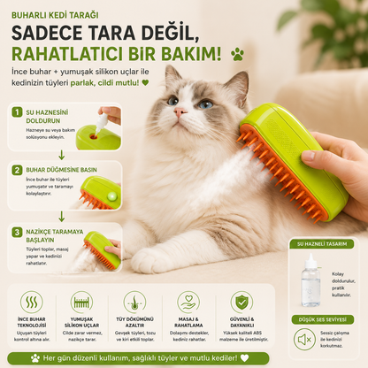 Buharlı Evcil Hayvan Tarağı – Su Hazneli Masaj ve Tüy Toplama Fırçası | Kedi & Köpek Bakım Tarağı