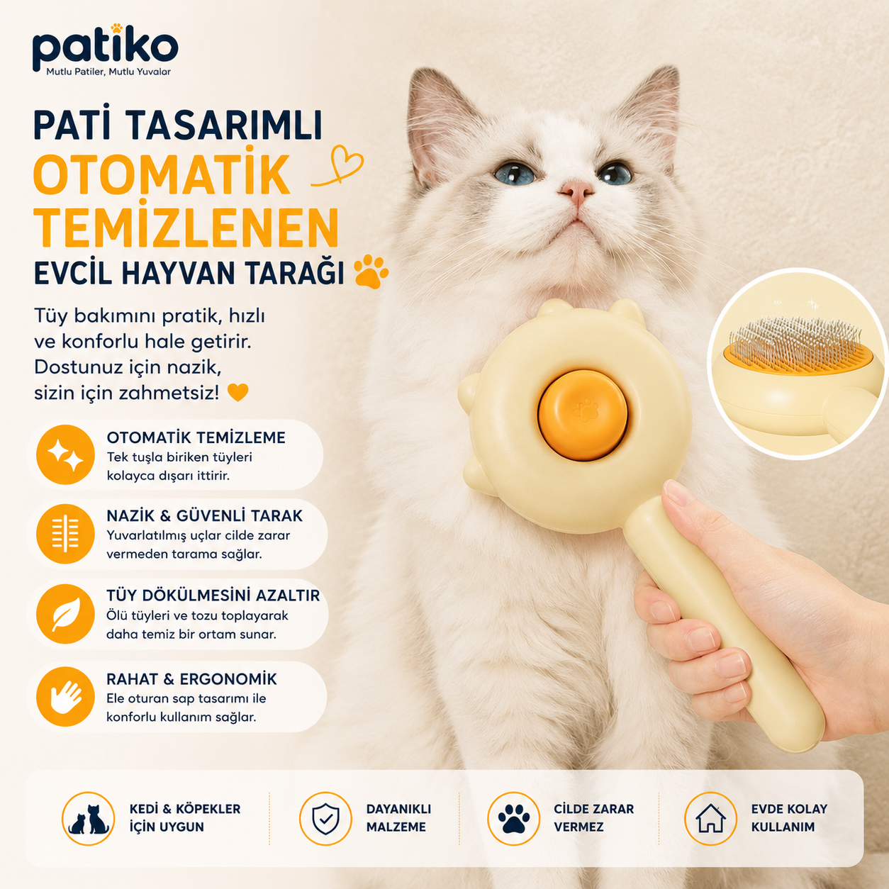 Pati Tasarımlı Otomatik Temizlenen Evcil Hayvan Tarağı