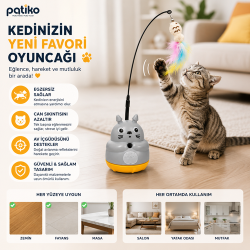 Patiko® Yapışkan Tabanlı İnteraktif Kedi Oyuncağı – 360° Dönen Peluş Balıklı Olta Oyuncağı